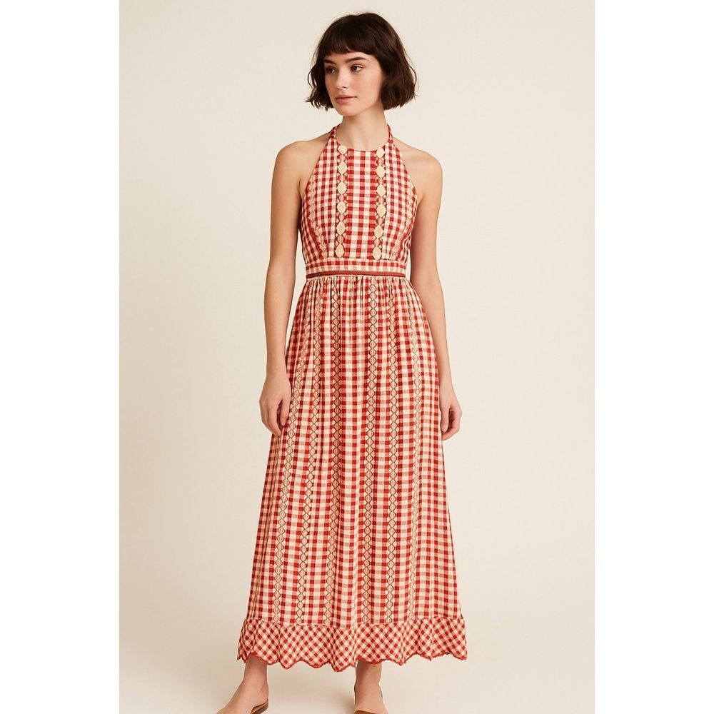 Vintage Red Gingham Halter Dress Trivia Charm of Hollywood Picnic 70s Size 2